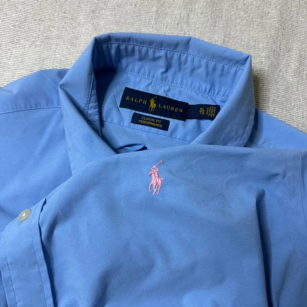 Ralph Lauren Button Down Shirt Mens XL Blue Classic Fit Performance Pink Pony